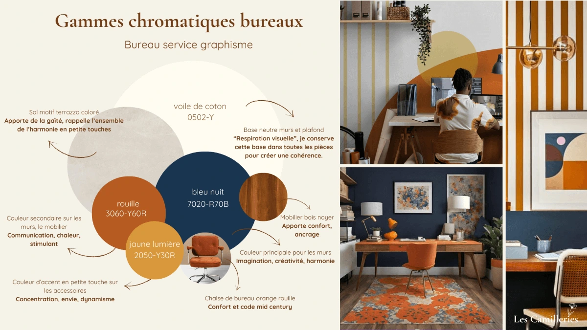 Une planche d'étude chromatique pour un bureau d'un graphiste ambiance mid-century