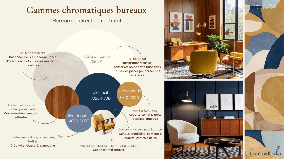 Une planche d'étude chromatique pour un bureau de direction ambiance mid-century