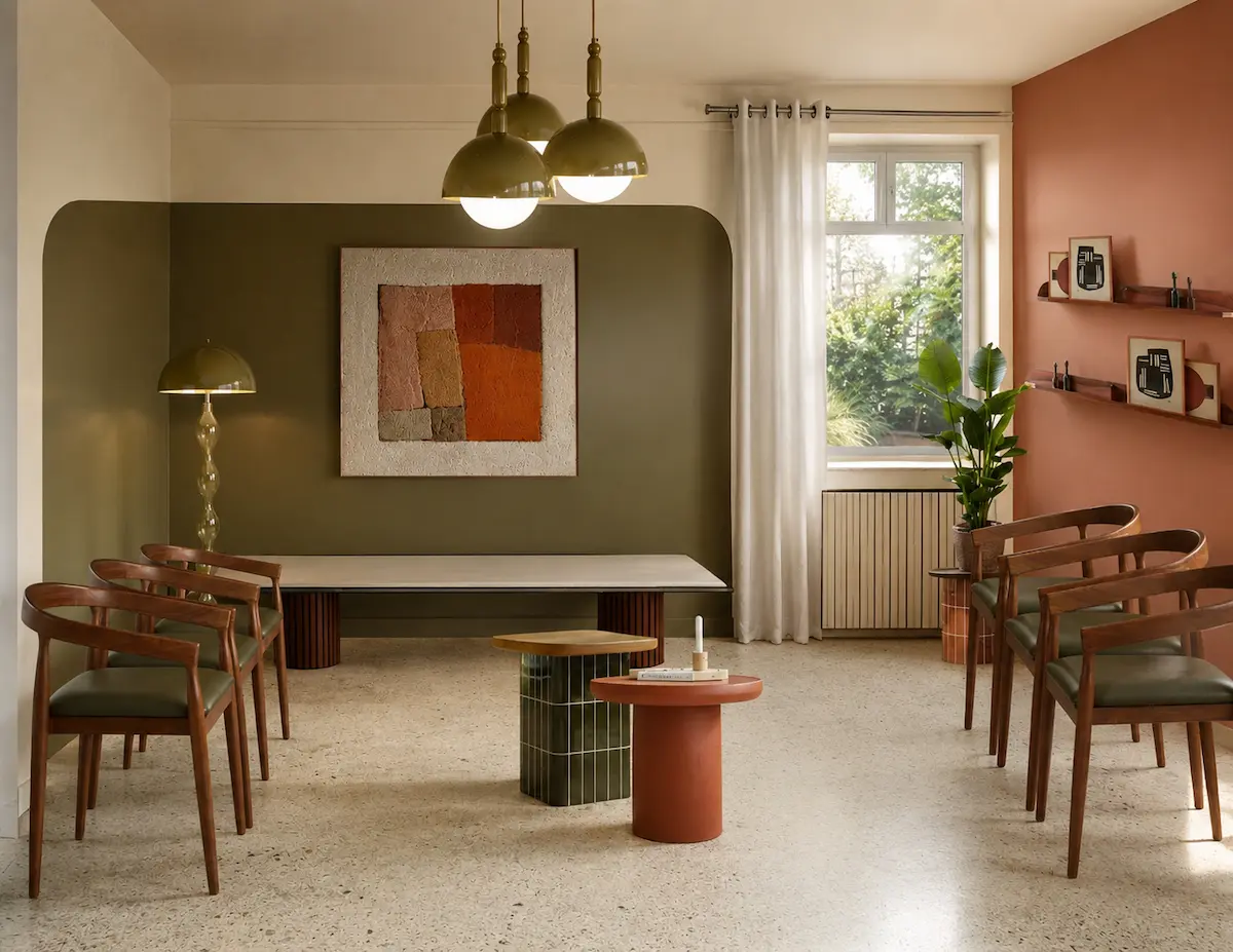 Vue d’ensemble d’une salle d’attente rénovée d’un cabinet de cardiologie