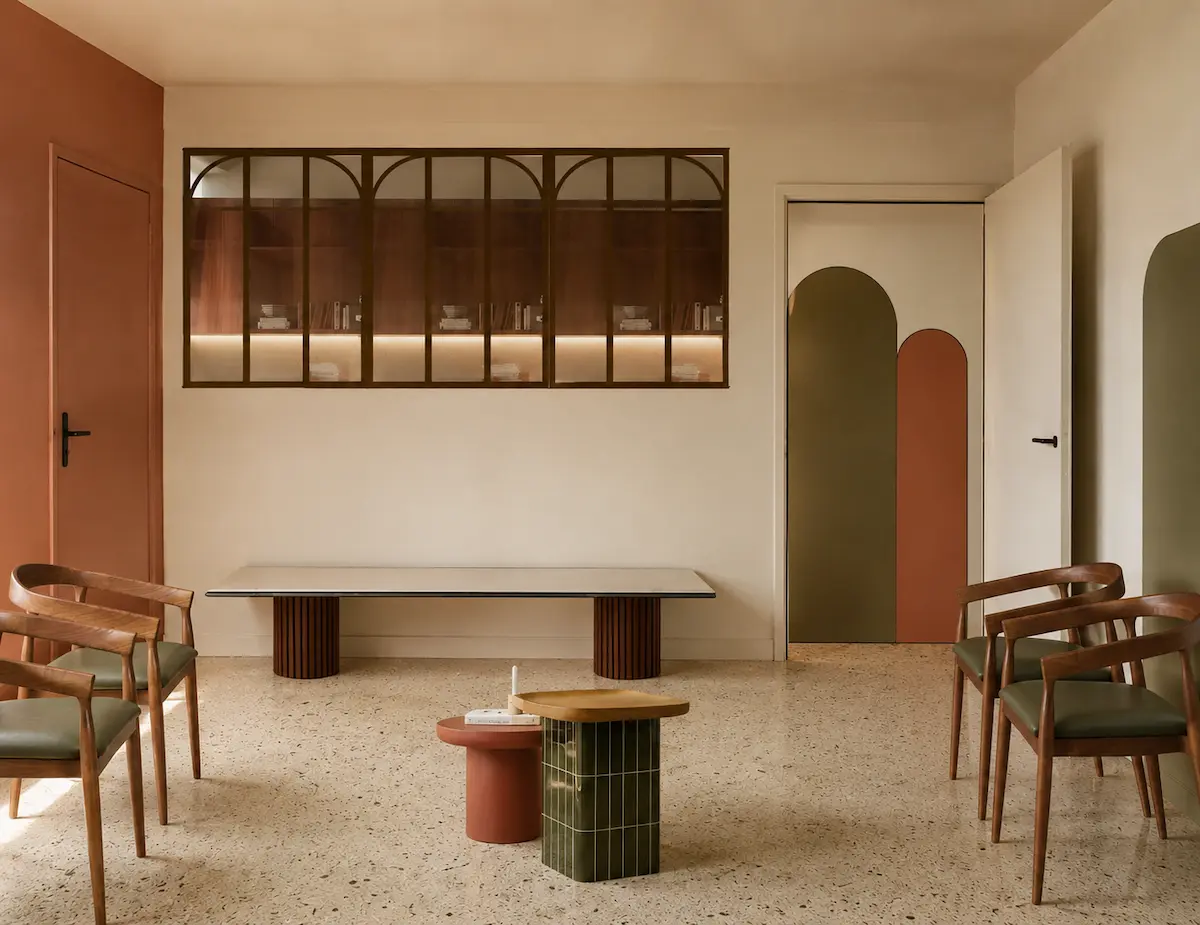 Palette de couleurs vert sauge et terracotta dans une salle d’attente médicale rénovée lors d’un projet déco