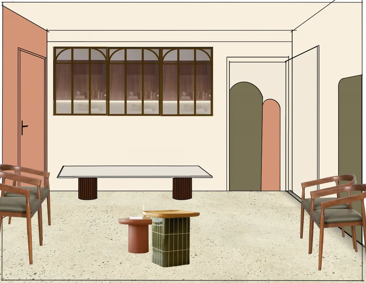 Croquis d’une salle d’attente dans un cabinet médical dans une ambiance chaleureuse et rassurante grâce au vert sauge et terracotta